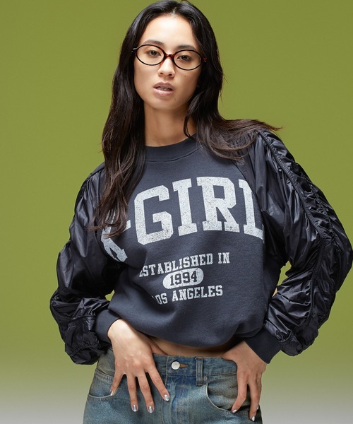 X-girl（エックスガール）の「JERSEY MIX CREWNECK TOP（スウェット・レディース・ブラック/オリーブ・S/M）」の2枚目の写真