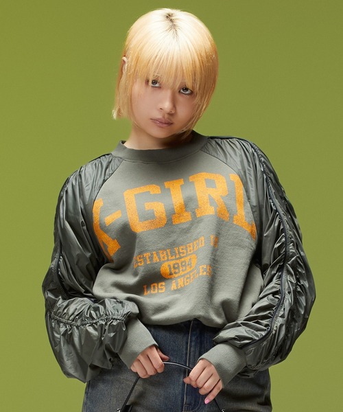 X-girl（エックスガール）の「JERSEY MIX CREWNECK TOP（スウェット・レディース・ブラック/オリーブ・S/M）」の3枚目の写真