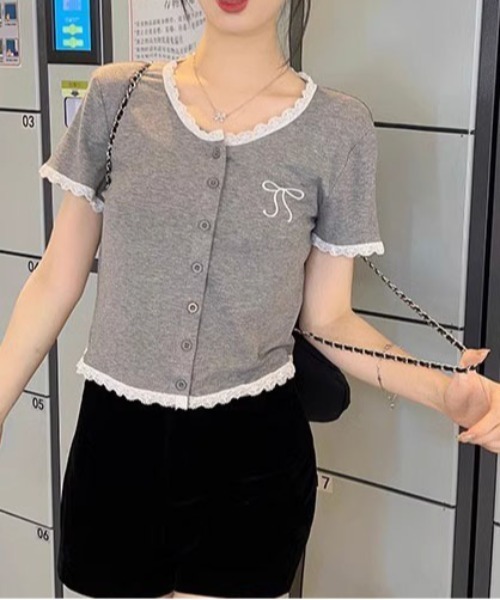 レース付きリボン刺繍ショート丈カーディガン（カーディガン/ボレロ