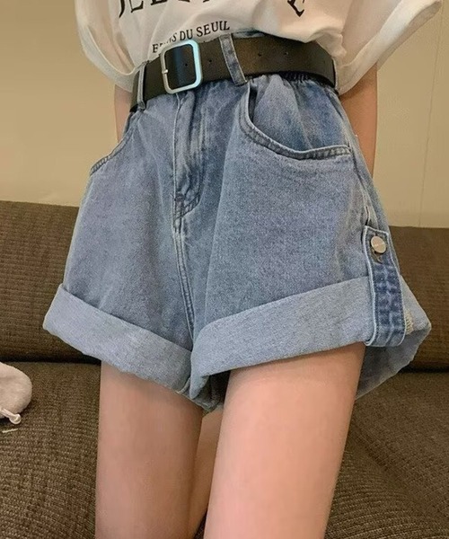 meJane(ミージェーン)の「ロープアップ デニムショートパンツ(デニムパンツ・レディース・ブルー/ブラック・L/M/S)」の3枚目の写真