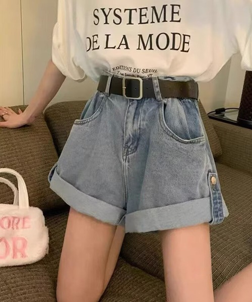 meJane(ミージェーン)の「ロープアップ デニムショートパンツ(デニムパンツ・レディース・ブルー/ブラック・L/M/S)」の6枚目の写真