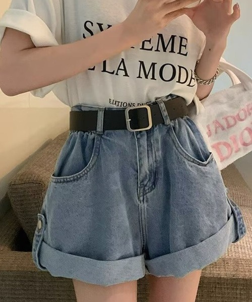 meJane(ミージェーン)の「ロープアップ デニムショートパンツ(デニムパンツ・レディース・ブルー/ブラック・L/M/S)」の5枚目の写真