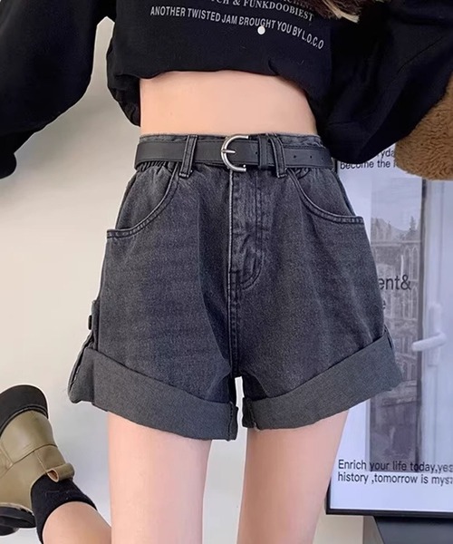 meJane(ミージェーン)の「ロープアップ デニムショートパンツ(デニムパンツ・レディース・ブルー/ブラック・L/M/S)」の7枚目の写真