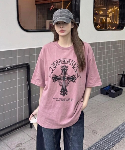 LAC-VERT（ラック・ヴェール）の「クロスプリントＴシャツ（Tシャツ/カットソー・レディース・ホワイト/ブラック/ピンク・FREE）」の21枚目の写真