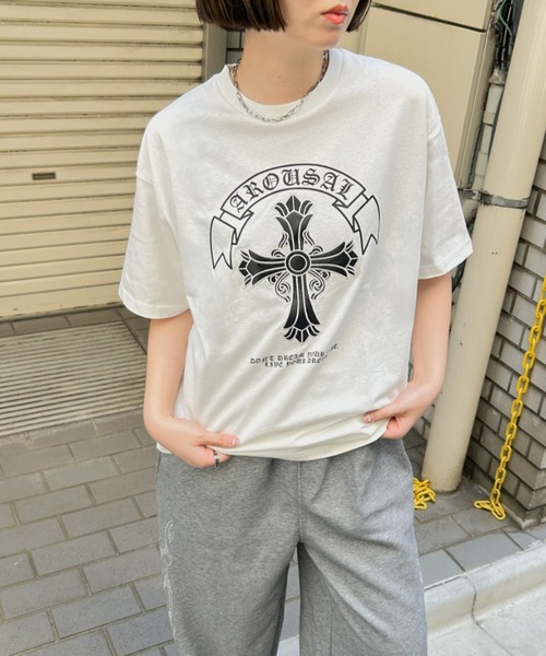 LAC-VERT（ラック・ヴェール）の「クロスプリントＴシャツ（Tシャツ/カットソー・レディース・ホワイト/ブラック/ピンク・FREE）」の7枚目の写真