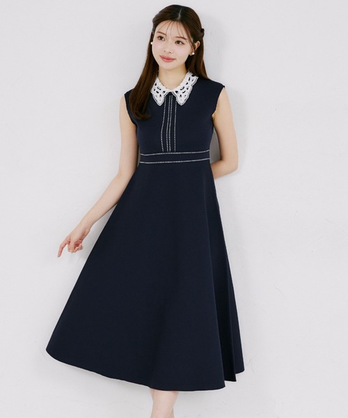 tocco closet（トッコ　クローゼット）の「２ＷＡＹレース襟付き配色ライン入りニットワンピース（ワンピース・レディース・ブラック/ラベンダー/ネイビー・M）」の3枚目の写真