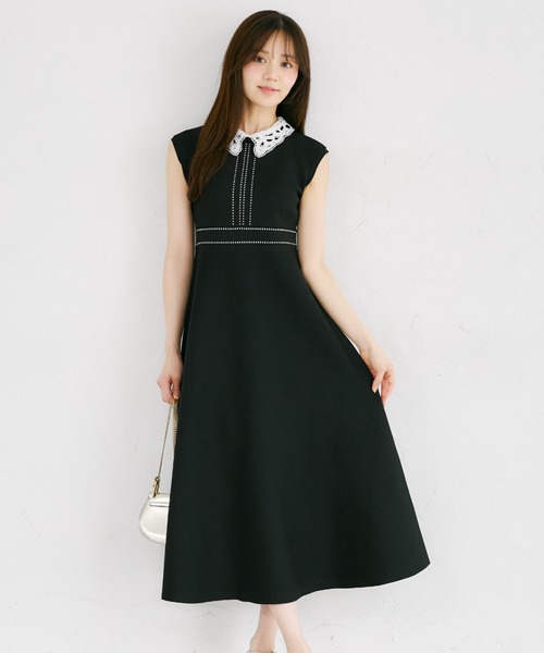 tocco closet（トッコ　クローゼット）の「２ＷＡＹレース襟付き配色ライン入りニットワンピース（ワンピース・レディース・ブラック/ラベンダー/ネイビー・M）」の2枚目の写真