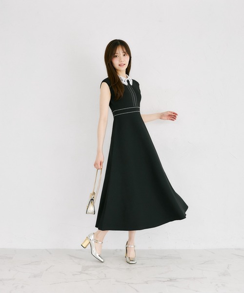 tocco closet（トッコ　クローゼット）の「２ＷＡＹレース襟付き配色ライン入りニットワンピース（ワンピース・レディース・ブラック/ラベンダー/ネイビー・M）」の5枚目の写真