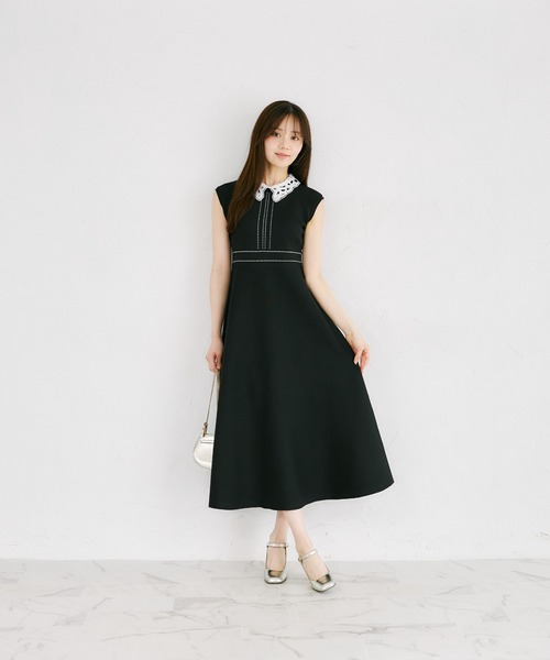 tocco closet（トッコ　クローゼット）の「２ＷＡＹレース襟付き配色ライン入りニットワンピース（ワンピース・レディース・ブラック/ラベンダー/ネイビー・M）」の4枚目の写真