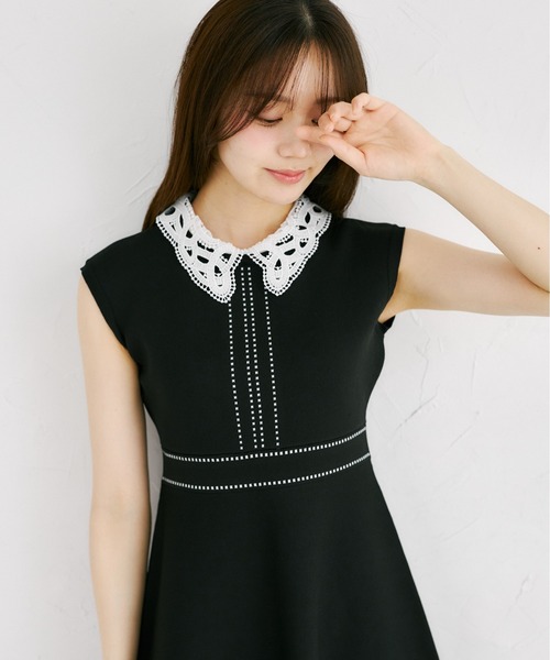 tocco closet（トッコ　クローゼット）の「２ＷＡＹレース襟付き配色ライン入りニットワンピース（ワンピース・レディース・ブラック/ラベンダー/ネイビー・M）」の8枚目の写真