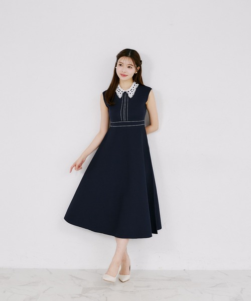 tocco closet（トッコ　クローゼット）の「２ＷＡＹレース襟付き配色ライン入りニットワンピース（ワンピース・レディース・ブラック/ラベンダー/ネイビー・M）」の14枚目の写真