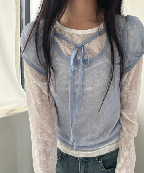 WEGO(ウィゴー)の「シースルードット柄パフトップスT/ブラウス(Tシャツ/カットソー・レディース・ブルー/アイボリー/ブラック・FREE)」の9枚目の写真