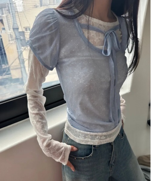 WEGO(ウィゴー)の「シースルードット柄パフトップスT/ブラウス(Tシャツ/カットソー・レディース・ブルー/アイボリー/ブラック・FREE)」の11枚目の写真