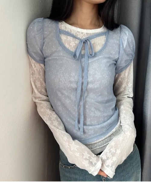 WEGO(ウィゴー)の「シースルードット柄パフトップスT/ブラウス(Tシャツ/カットソー・レディース・ブルー/アイボリー/ブラック・FREE)」の14枚目の写真