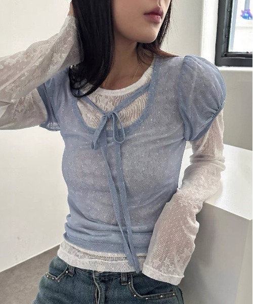 WEGO(ウィゴー)の「シースルードット柄パフトップスT/ブラウス(Tシャツ/カットソー・レディース・ブルー/アイボリー/ブラック・FREE)」の17枚目の写真