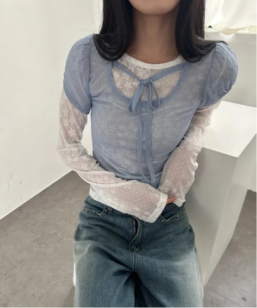 WEGO(ウィゴー)の「シースルードット柄パフトップスT/ブラウス(Tシャツ/カットソー・レディース・ブルー/アイボリー/ブラック・FREE)」の16枚目の写真