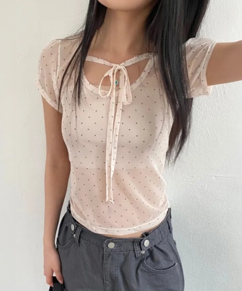 WEGO(ウィゴー)の「シースルードット柄パフトップスT/ブラウス(Tシャツ/カットソー・レディース・ブルー/アイボリー/ブラック・FREE)」の8枚目の写真