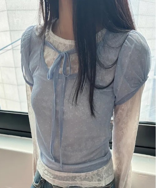 WEGO(ウィゴー)の「シースルードット柄パフトップスT/ブラウス(Tシャツ/カットソー・レディース・ブルー/アイボリー/ブラック・FREE)」の12枚目の写真