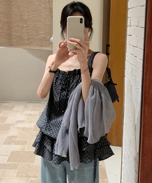 HALEY PESCA(ヘーリーペスカ)の「HALEY PESCA/ティアードフリル バルーンチェック柄キャミチュニック(キャミソール・レディース・ブラック・FREE)」の3枚目の写真
