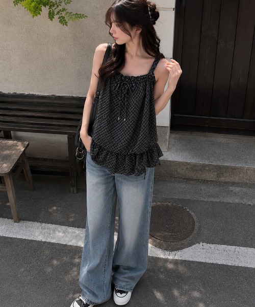 HALEY PESCA(ヘーリーペスカ)の「HALEY PESCA/ティアードフリル バルーンチェック柄キャミチュニック(キャミソール・レディース・ブラック・FREE)」の11枚目の写真