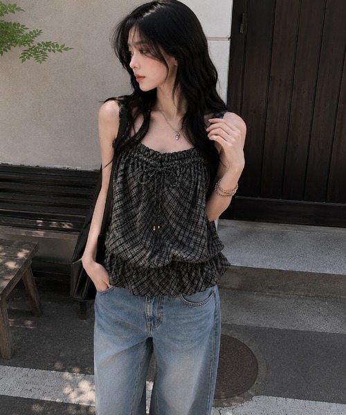 HALEY PESCA(ヘーリーペスカ)の「HALEY PESCA/ティアードフリル バルーンチェック柄キャミチュニック(キャミソール・レディース・ブラック・FREE)」の10枚目の写真