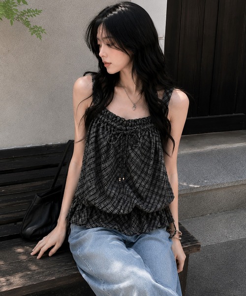 HALEY PESCA(ヘーリーペスカ)の「HALEY PESCA/ティアードフリル バルーンチェック柄キャミチュニック(キャミソール・レディース・ブラック・FREE)」の7枚目の写真
