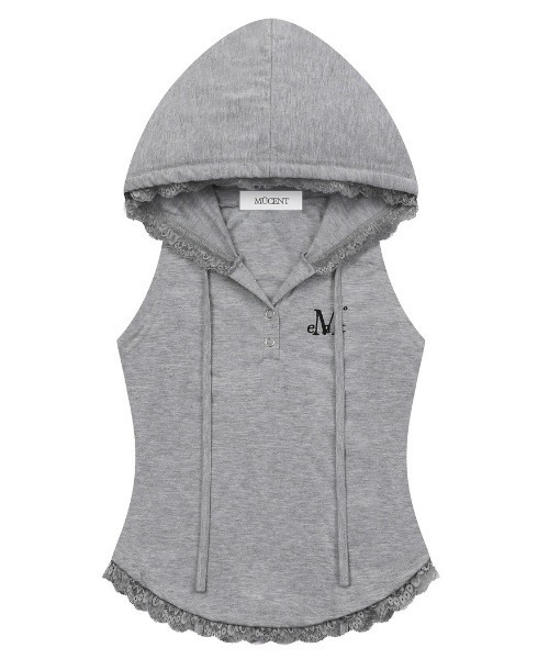MUCENT（ムセント）の「◇MUCENT◇ブランド直輸入正規品/アーセンレーススリムフードノースリーブ ASEN LACE SLIM HOOD SLEEVELESS（Tシャツ/カットソー・レディース・ホワイト/グレー/ブラック・FREE）」の8枚目の写真