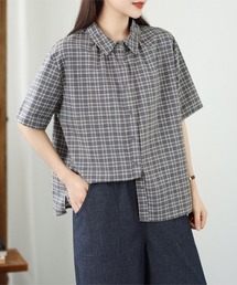 チェック柄襟付き半袖シャツブラウス