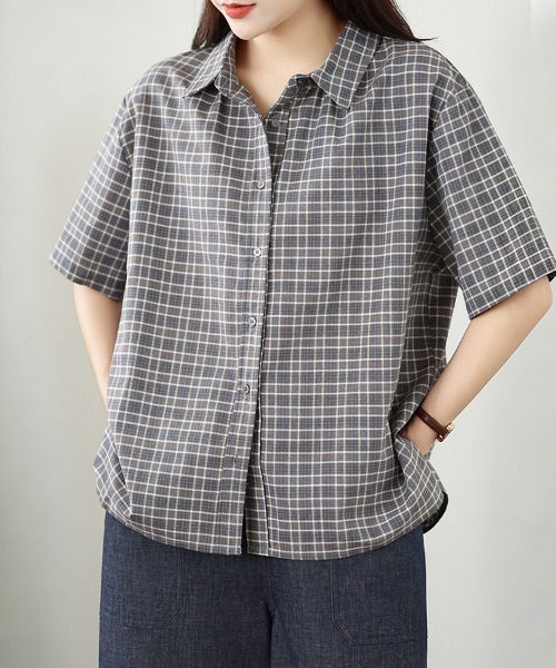 ONEP STAR(ワンピスター)の「チェック柄襟付き半袖シャツブラウス(シャツ/ブラウス・レディース・グリーン/グレー・MEDIUM/LARGE/X-LARGE)」の6枚目の写真