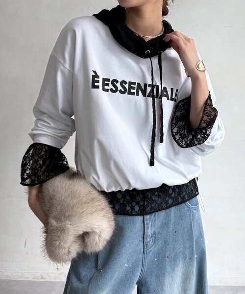 DouDou(ドゥドゥ)の「【WEB限定】ウエストドロストラバープリントTEE(Tシャツ/カットソー・レディース・ブラック/ブラウン/オフホワイト・FREE)」の1枚目の写真