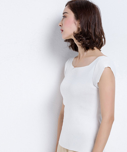 SAISON DE PAPILLON(セゾンドパピヨン)の「ボートネックフレンチスリーブサマーニット(Tシャツ/カットソー・レディース・ブラック/ライトブルー/ネイビー/ラベンダー/ホワイト・L/M/S)」の9枚目の写真