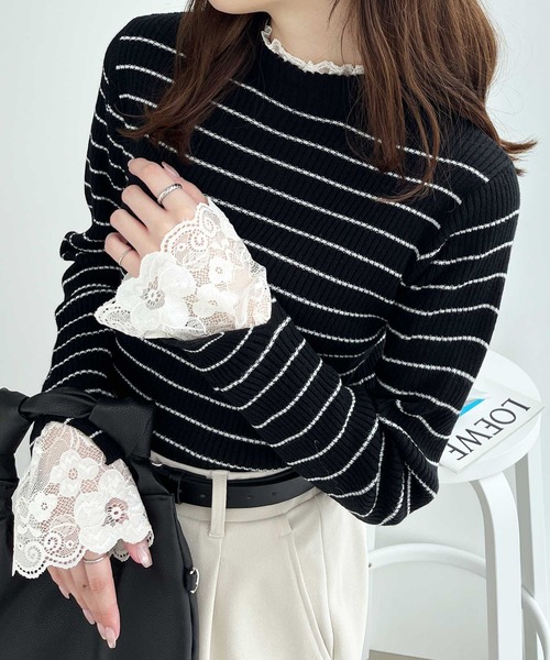 GeeRA(ジーラ)の「袖口レースハイネックリブニットトップス(ニット/セーター・レディース・オフホワイト/ブラック/杢グレー/その他/ボルドー/ブルー/サンドグレー/ブラウン/ブラック×ホワイト/パープル/ブラック系その他/グリーン/ピンク/ライトブルー/グレー×ホワイト・MEDIUM/X-LARGE/SMALL/LARGE/XX-LARGE/XXX-LARGE/XXXX-LARGE)」の5枚目の写真