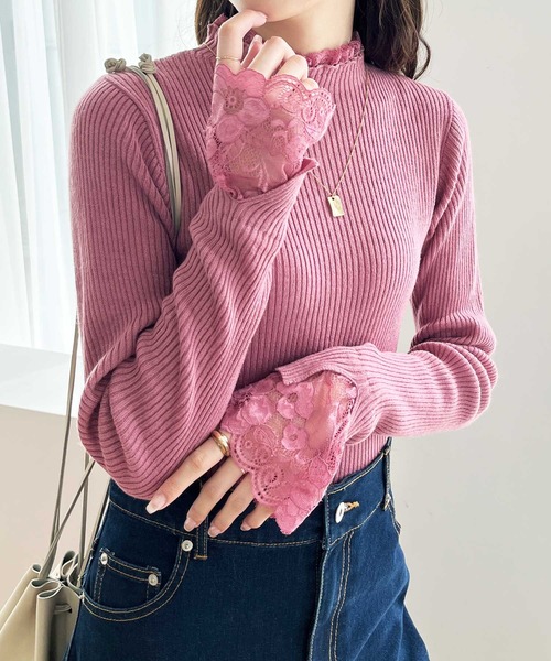 GeeRA(ジーラ)の「袖口レースハイネックリブニットトップス(ニット/セーター・レディース・オフホワイト/ブラック/杢グレー/その他/ボルドー/ブルー/サンドグレー/ブラウン/ブラック×ホワイト/パープル/ブラック系その他/グリーン/ピンク/ライトブルー/グレー×ホワイト・MEDIUM/X-LARGE/SMALL/LARGE/XX-LARGE/XXX-LARGE/XXXX-LARGE)」の13枚目の写真