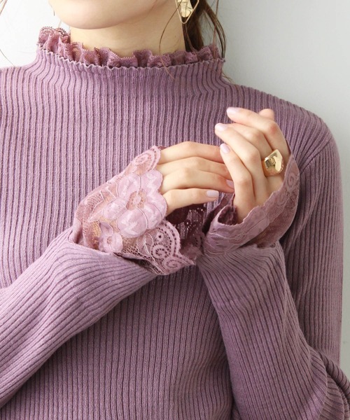 GeeRA(ジーラ)の「袖口レースハイネックリブニットトップス(ニット/セーター・レディース・オフホワイト/ブラック/杢グレー/その他/ボルドー/ブルー/サンドグレー/ブラウン/ブラック×ホワイト/パープル/ブラック系その他/グリーン/ピンク/ライトブルー/グレー×ホワイト・MEDIUM/X-LARGE/SMALL/LARGE/XX-LARGE/XXX-LARGE/XXXX-LARGE)」の21枚目の写真