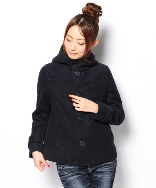 coen（コーエン）の「圧縮ウールフーデッドショートコート（その他アウター・レディース・イエロー/ライトブルー/ネイビー・LARGE/MEDIUM）」の3枚目の写真