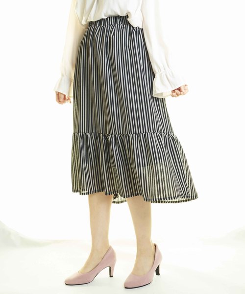 おしゃれスタ(オシャレスタ)の「ダブル細ストライプ 切替フリルSK(LC)(その他パンツ・レディース・ブラック/ネイビー/オフホワイト・FREE)」の2枚目の写真