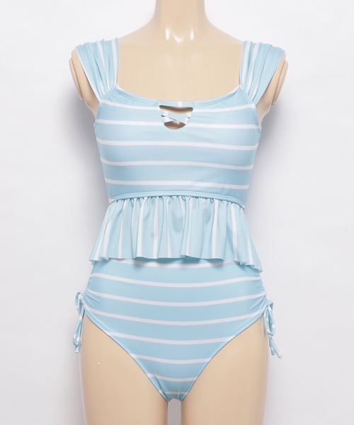 セール】ボーダーペプラムタンキニ 水着2点セット（水着）｜Lace