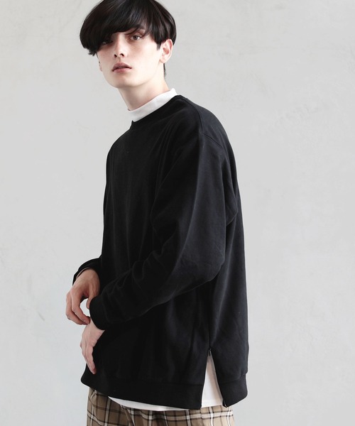 ASTRONOMY（アストロノミー）の「ビッグシルエット サイドジップ クルースウェット モックネック 長袖カットソー リアル アンサンブル オーバーサイズ（スウェット・メンズ・ブラウン/ブラック/グリーン/ワイン・M/L）」の2枚目の写真