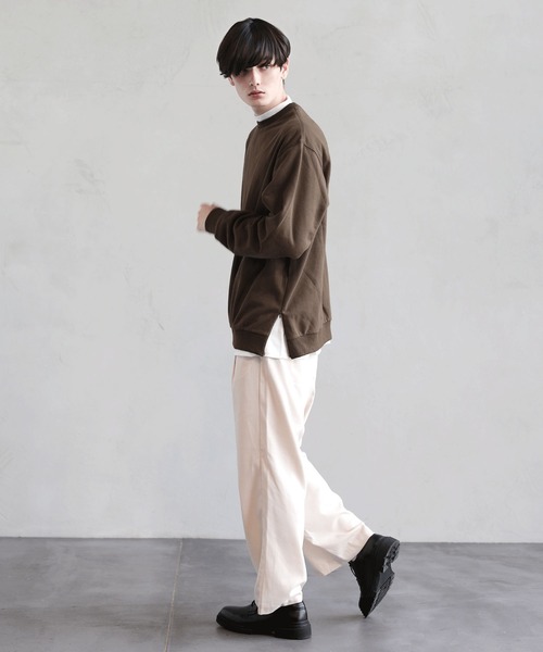 ビッグシルエット サイドジップ クルースウェット モックネック 長袖