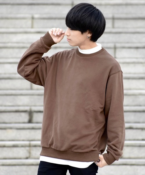 ビッグシルエット サイドジップ クルースウェット モックネック 長袖