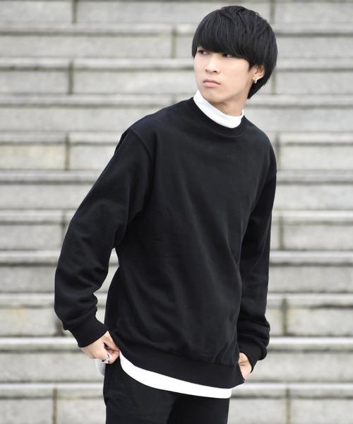 ビッグシルエット サイドジップ クルースウェット モックネック 長袖
