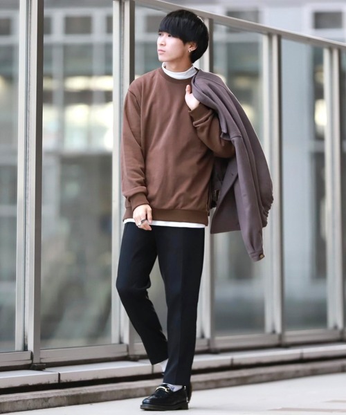 ビッグシルエット サイドジップ クルースウェット モックネック 長袖