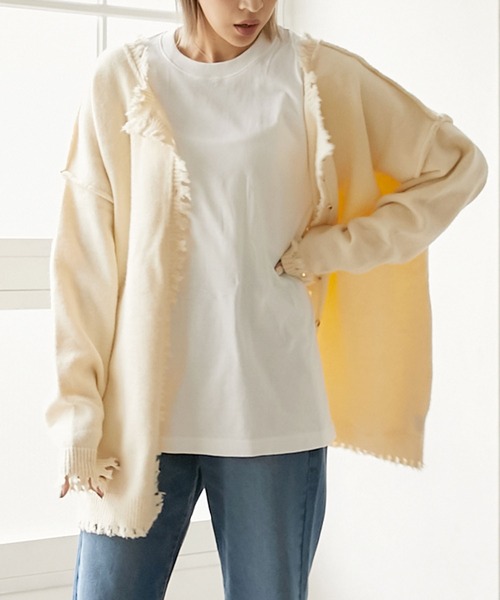 Per sist ence(パーシエンス)の「Per sist ence/パーシエンス ローゲージニット ダメージ2WAYカーディガン(カーディガン/ボレロ・レディース・ブラック/ベージュ/オフホワイト/ブラウン・FREE)」の7枚目の写真