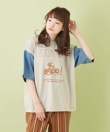 CUBE SUGAR（キューブシュガー）の「天竺 パウダー加工 デニムスリーブ プリントＴシャツ（Tシャツ/カットソー）」
