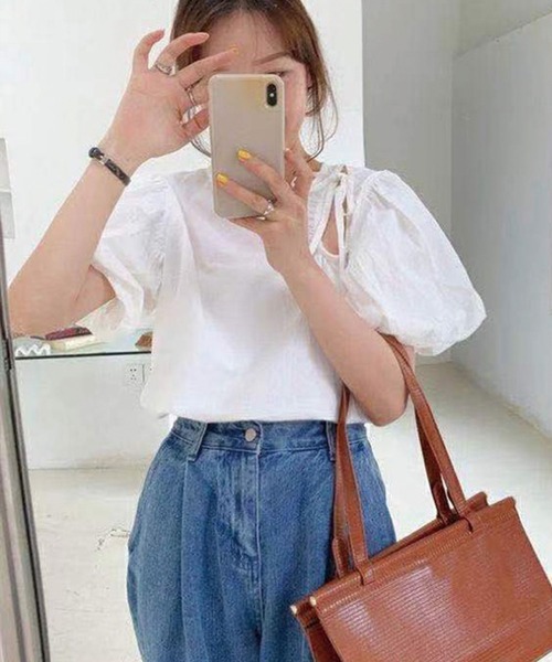 Twinkle;pm(トゥインクルピーエム)の「前あきパワショル半袖TOPS(シャツ/ブラウス・レディース・ホワイト/ブルー・FREE)」の10枚目の写真