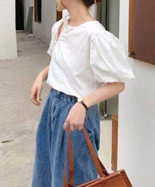 Twinkle;pm(トゥインクルピーエム)の「前あきパワショル半袖TOPS(シャツ/ブラウス・レディース・ホワイト/ブルー・FREE)」の13枚目の写真