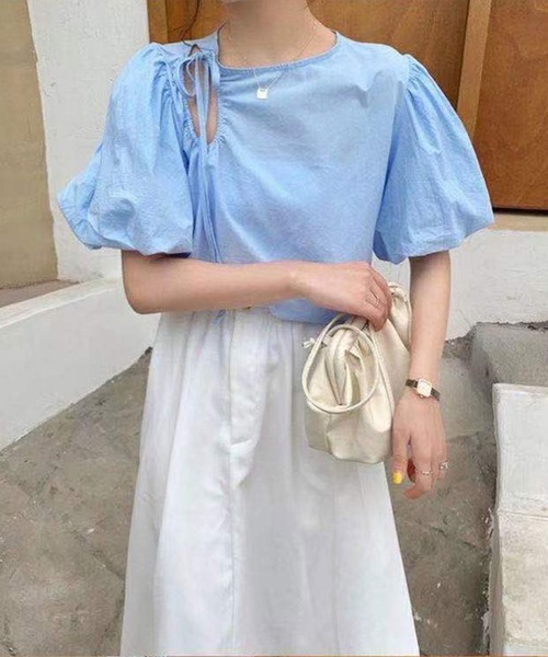 Twinkle;pm(トゥインクルピーエム)の「前あきパワショル半袖TOPS(シャツ/ブラウス・レディース・ホワイト/ブルー・FREE)」の14枚目の写真