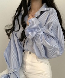 ボリュームスリーブストライプシャツブラウス