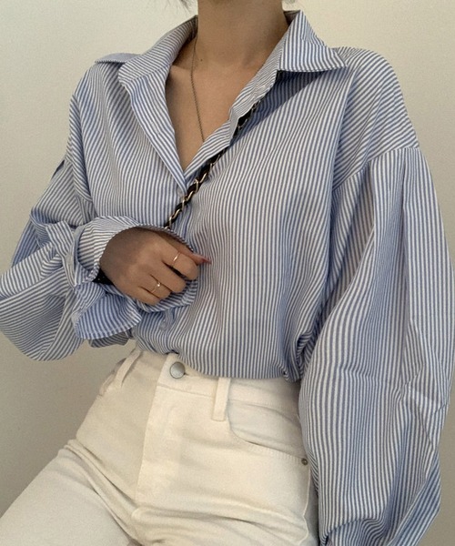 AMOUR BOX（アムールボックス）の「ボリュームスリーブストライプシャツブラウス（シャツ/ブラウス・レディース・ブラック/ブルー・FREE）」の12枚目の写真