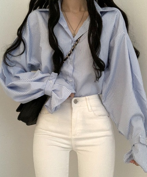 AMOUR BOX（アムールボックス）の「ボリュームスリーブストライプシャツブラウス（シャツ/ブラウス・レディース・ブラック/ブルー・FREE）」の14枚目の写真